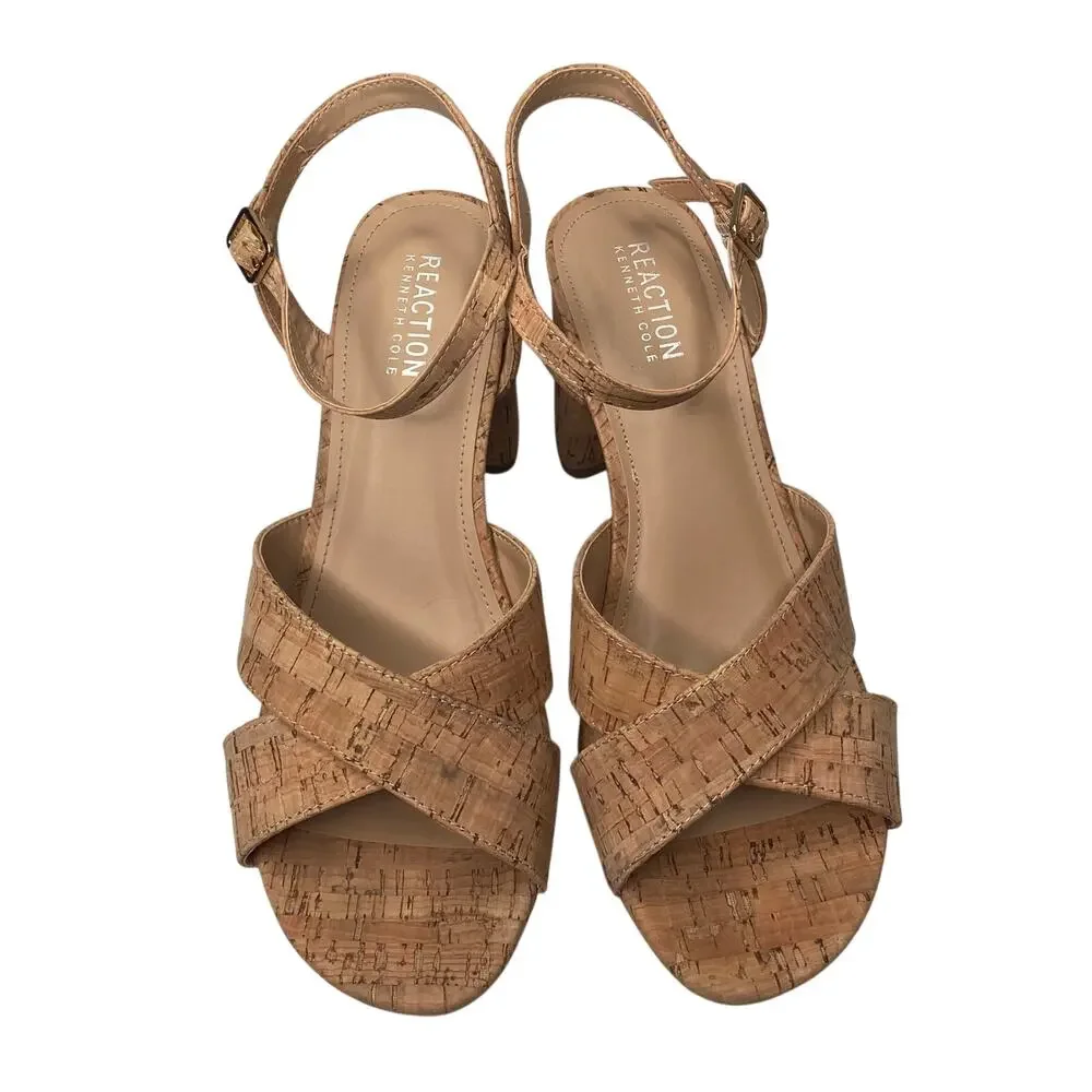 Reaction Kenneth Cole Sandals Women Sz 9 Brown Cork Platform Block Heel